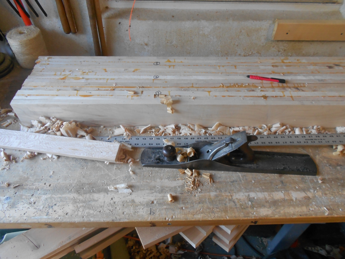 Groups of four were then glued into a benchtop half. Planing the two halves to match was a challenge