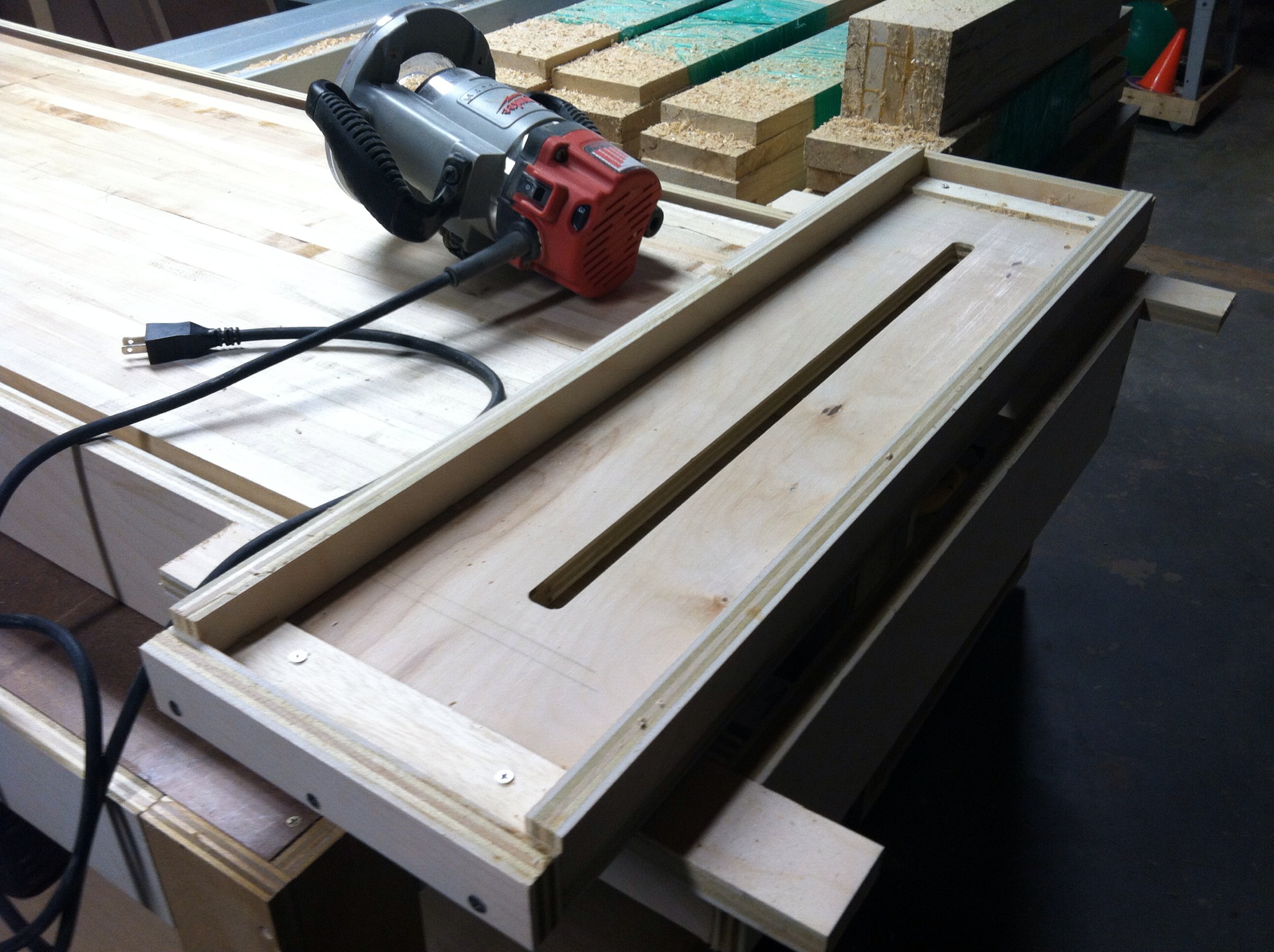 Final router track carefully slotted and guides placed for accurate bench leveling
