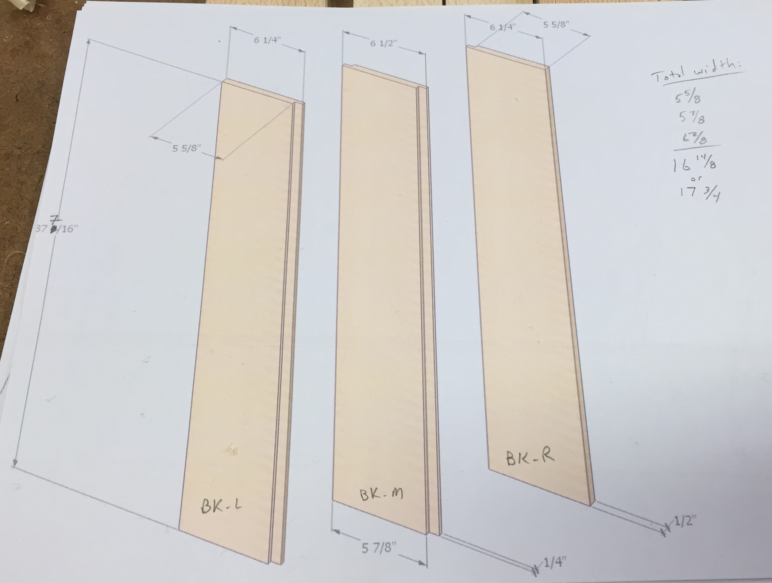 Measurements of back panel shiplapped planks, sized to fit the case