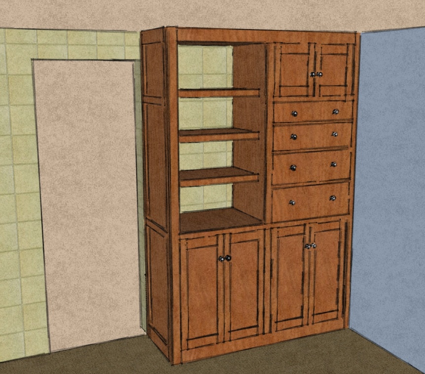 Per the client's request, replaced left top doors with open bookshelf. Added side face frame.