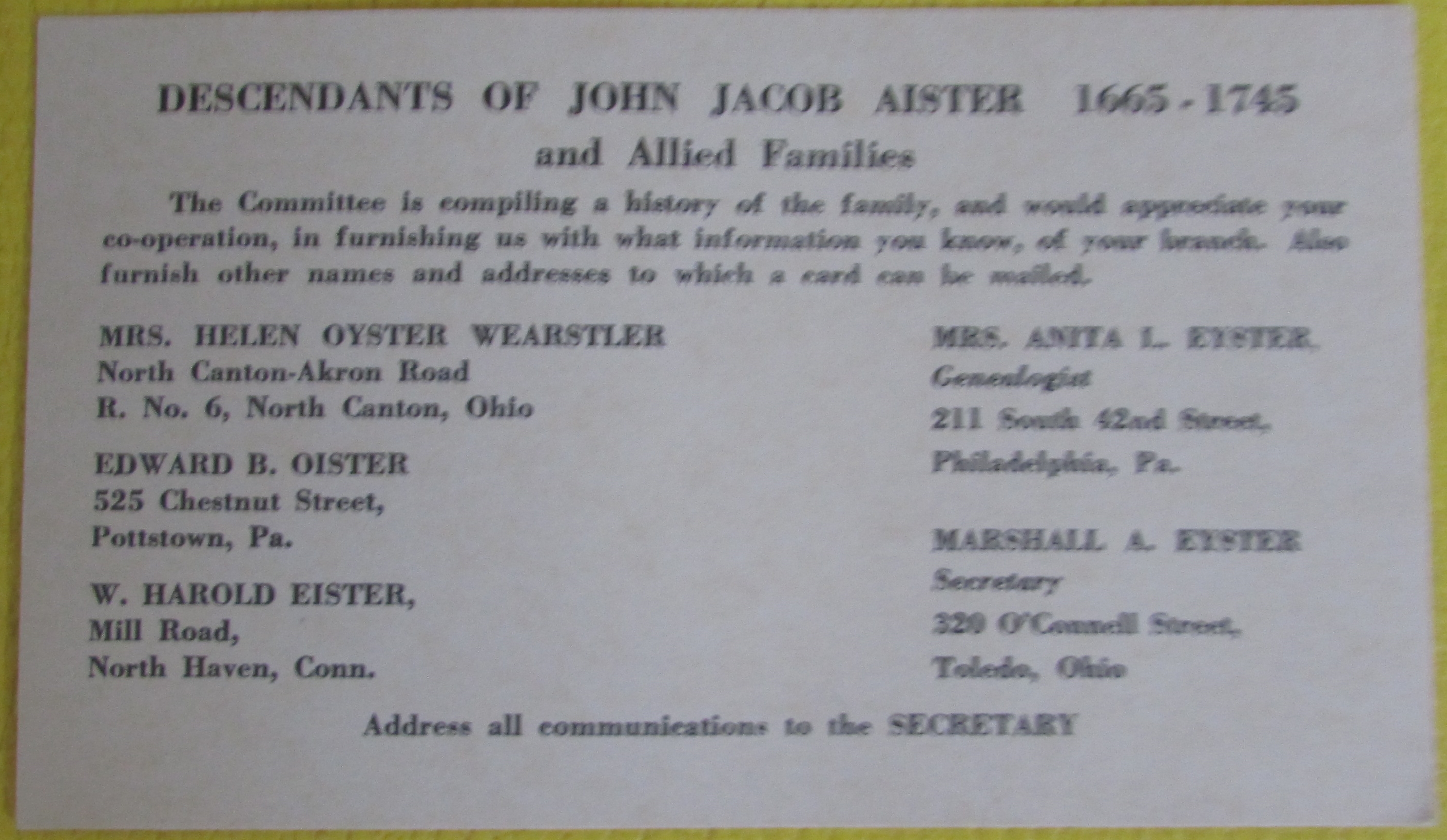 Card about John Jacob Aister