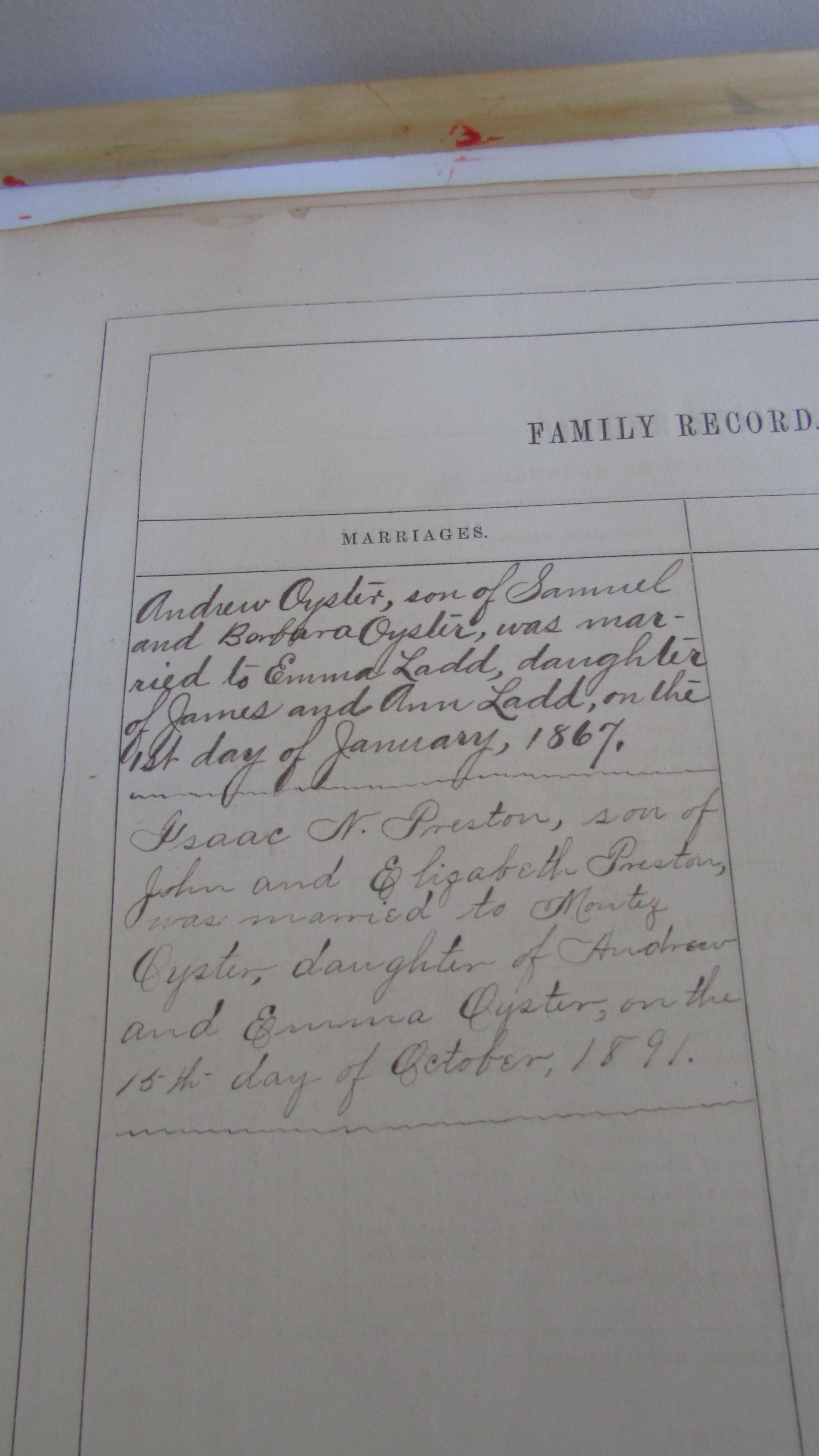 First inscribed Family Record page - closeup