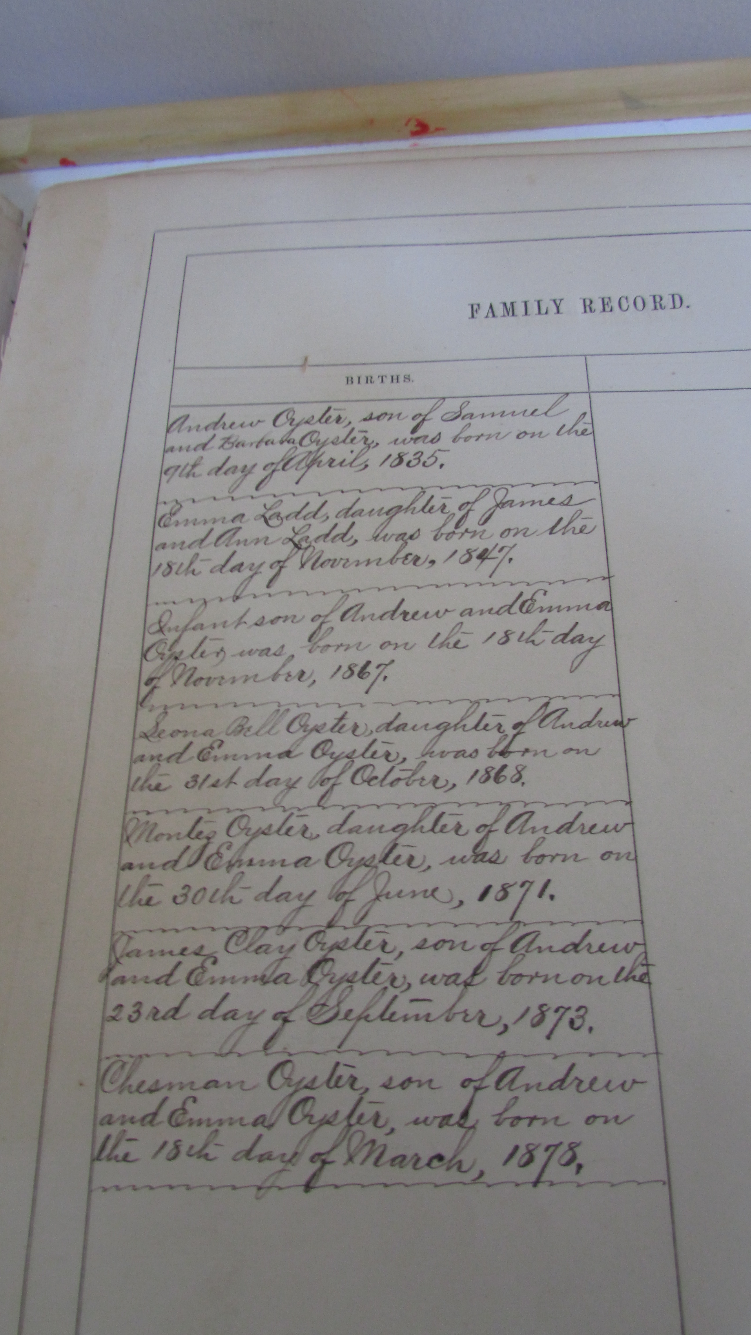 Second inscribed Family Record page - closeup