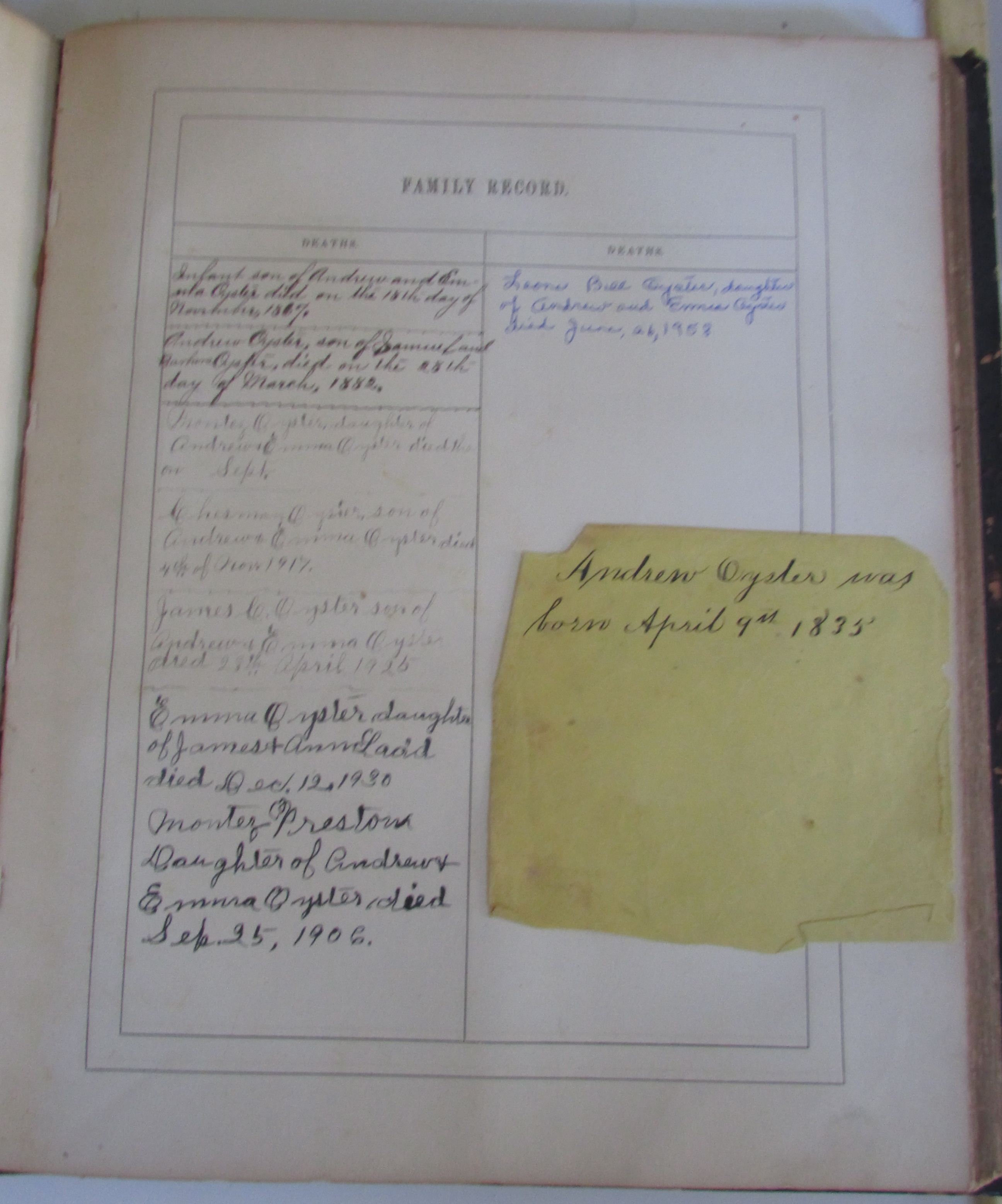 Third inscribed Family Record page with note