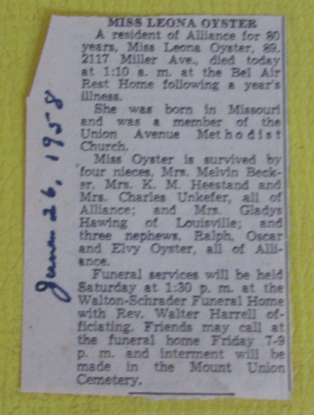 1958 Clipping about Leona Oyster