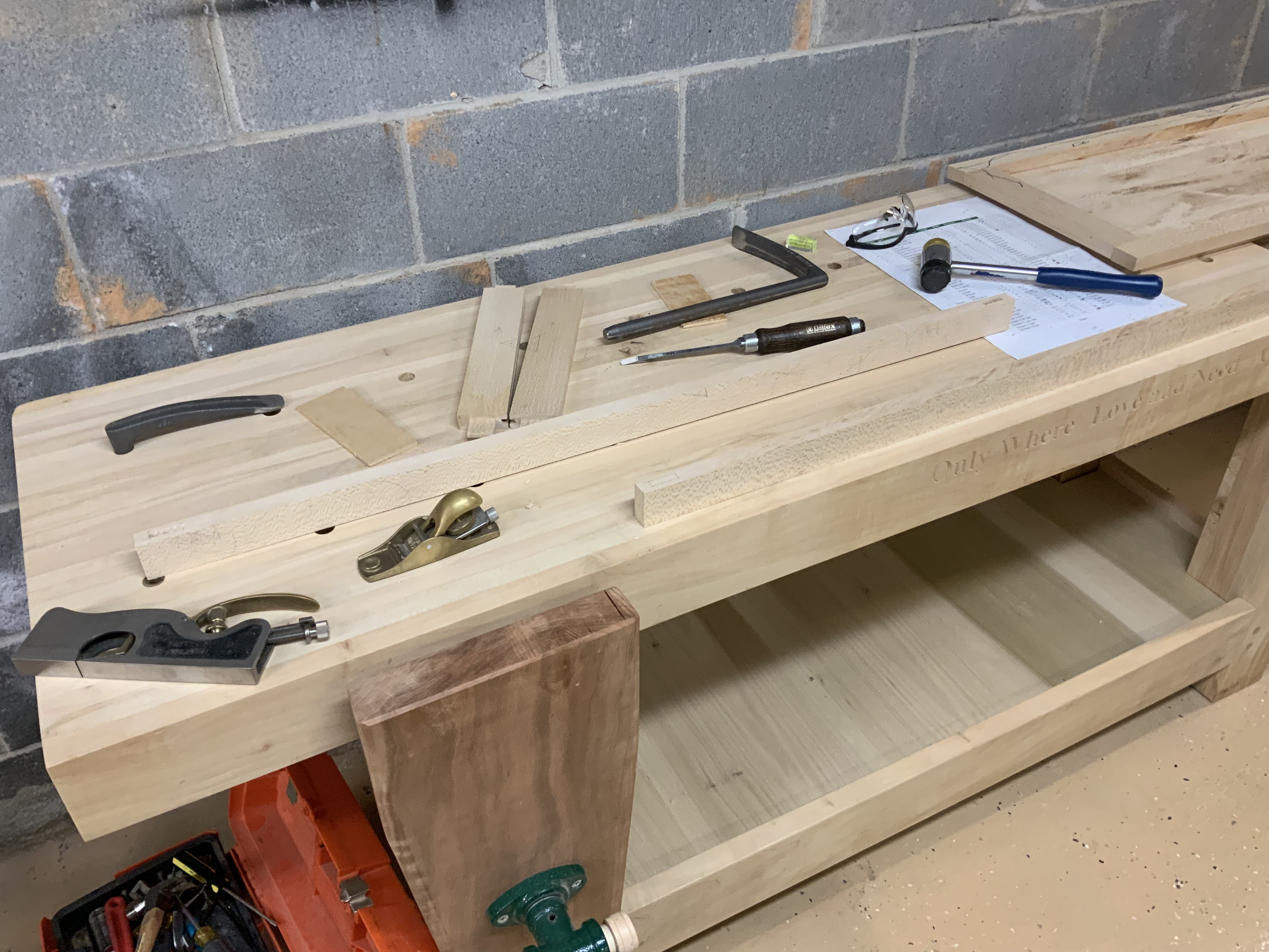 Using the new workbench, with benchdogs and mortise chisels to make the side doors