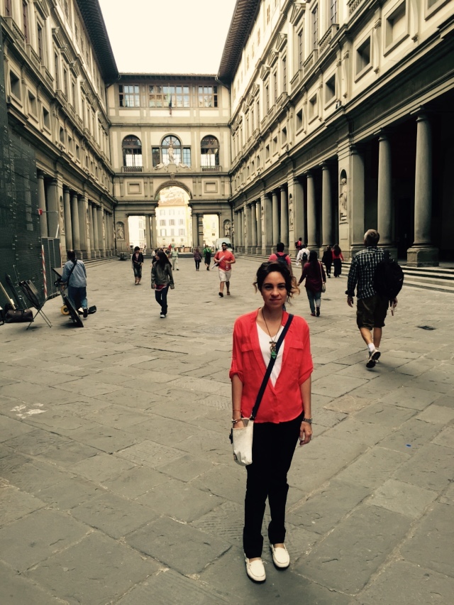 Adriana near the entrance to the Uffizi Museum