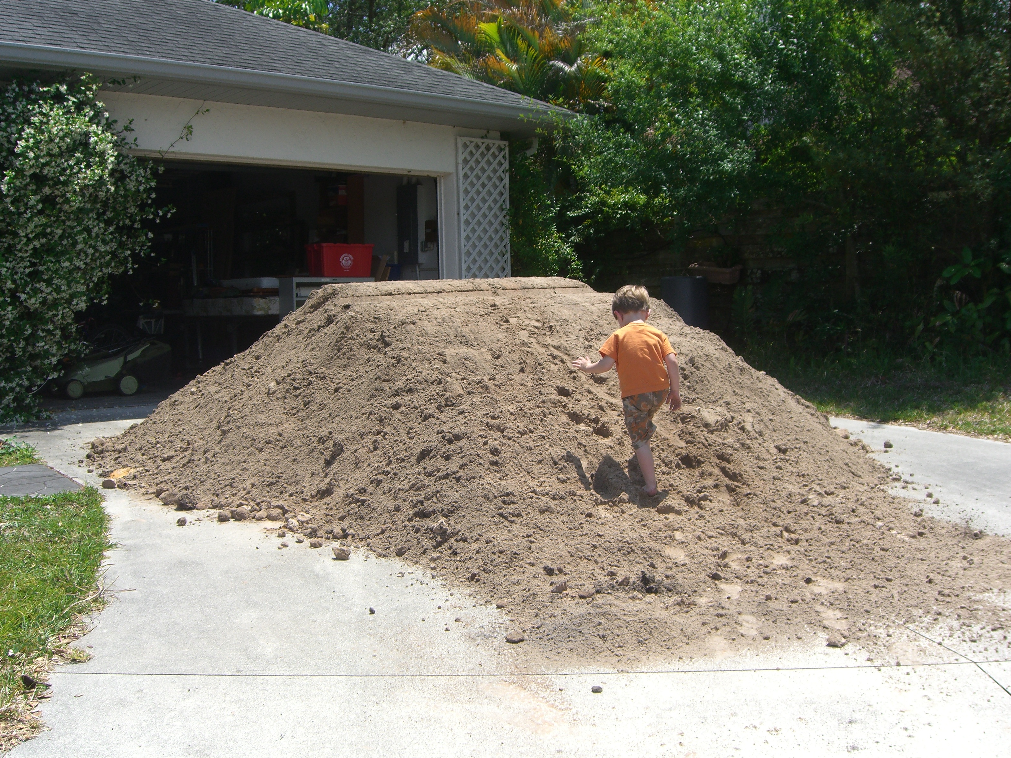 Ordered a truckload of fill. It had to be dumped on our driveway since the backyard is inaccessible. This turned out to be a wonderful playground for Liam and his cousins