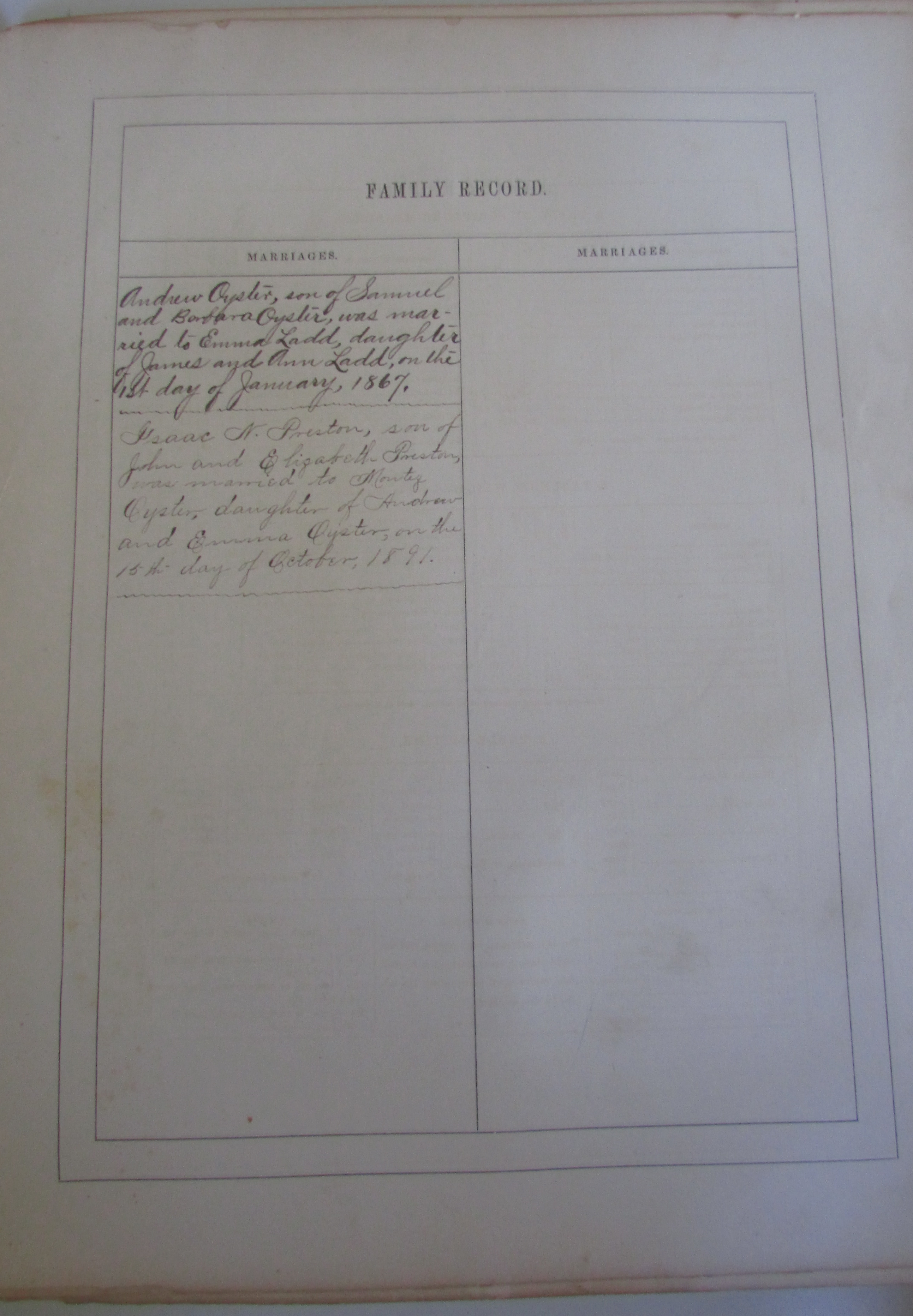 First inscribed Family Record page