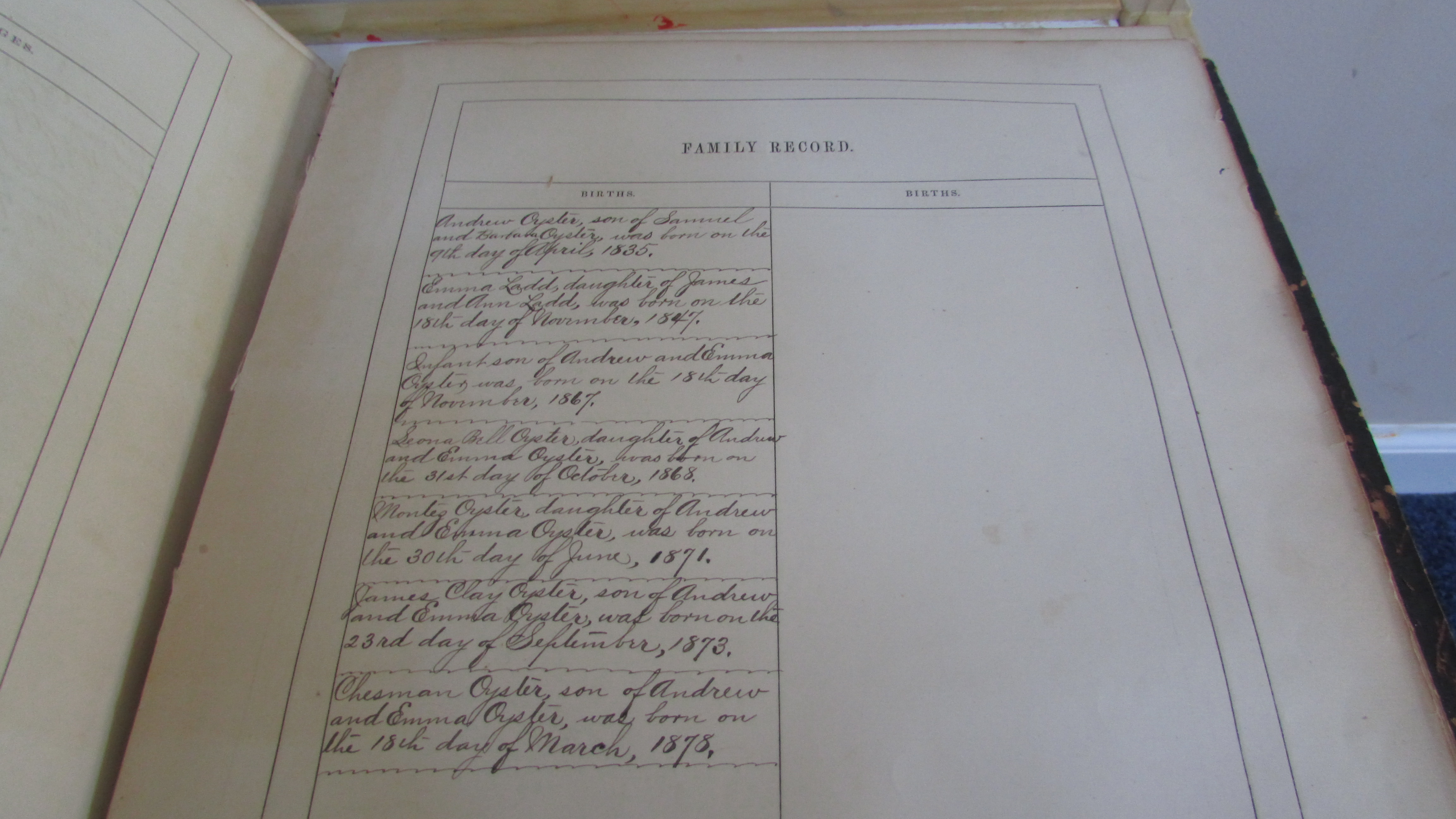 Second inscribed Family Record page