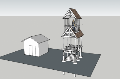 Multi-level play fort idea for our backyard. The shed already exists in our yard. I'm using it for scale.
